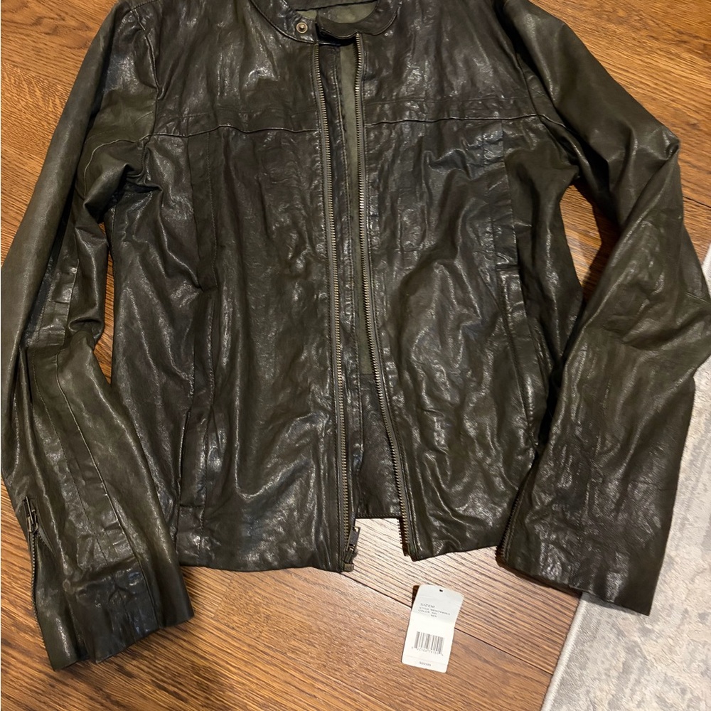 Vince Dark Olive Green Leather Zip Jacket
